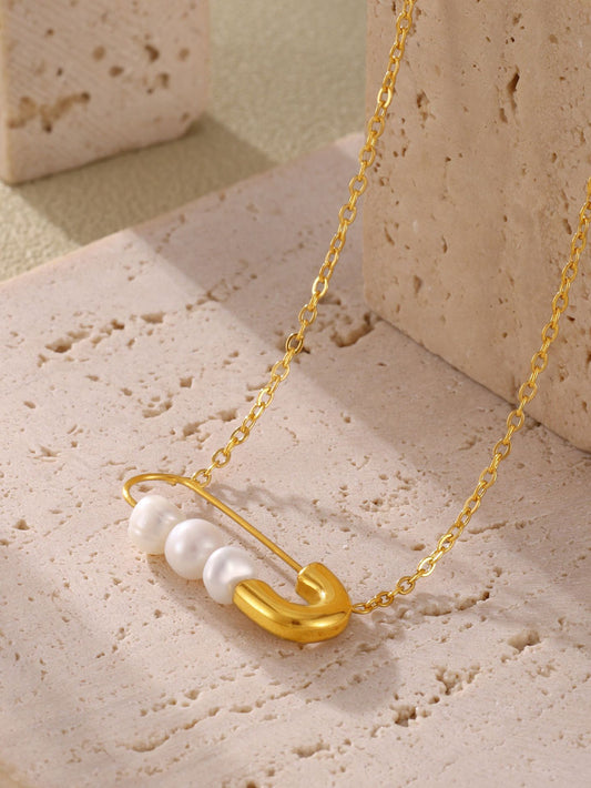 Safety Pin Necklace with Freshwater Pearls & Amethyst