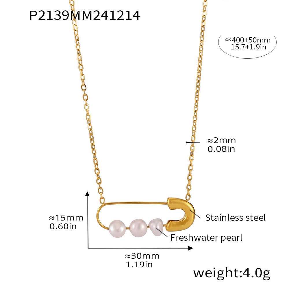 Safety Pin Necklace with Freshwater Pearls & Amethyst