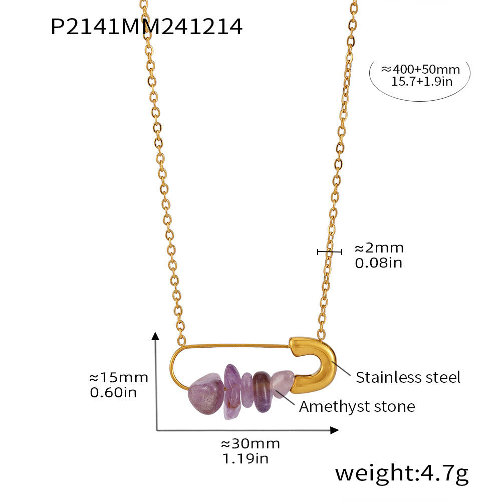 Safety Pin Necklace with Freshwater Pearls & Amethyst