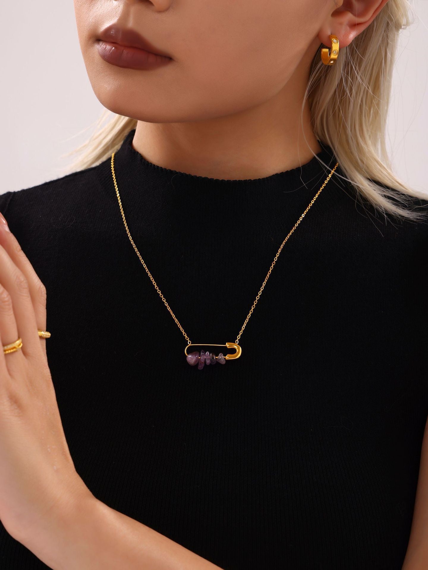 Safety Pin Necklace with Freshwater Pearls & Amethyst
