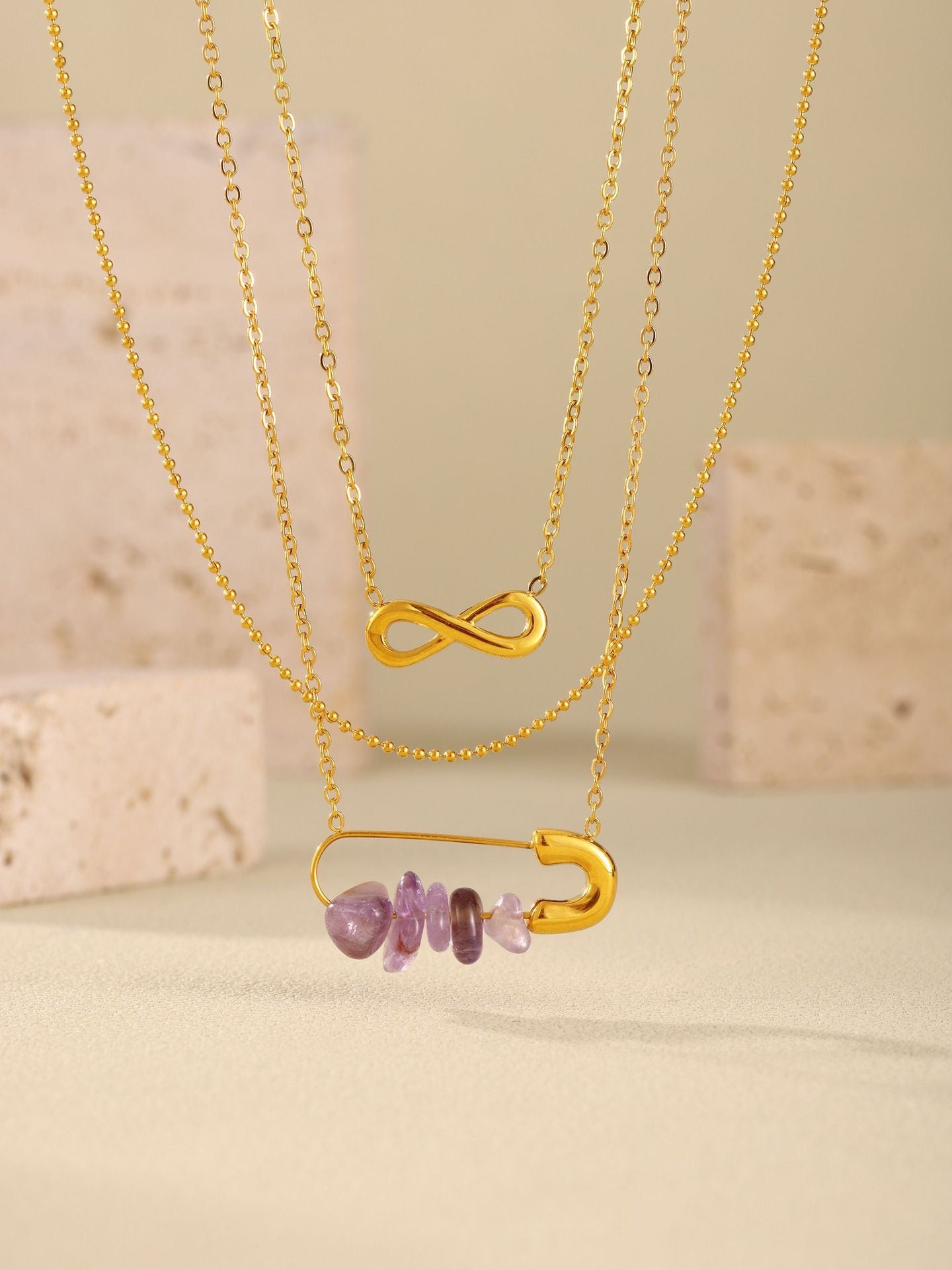 Safety Pin Necklace with Freshwater Pearls & Amethyst