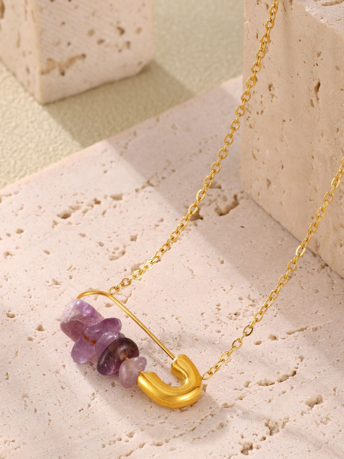 Safety Pin Necklace with Freshwater Pearls & Amethyst