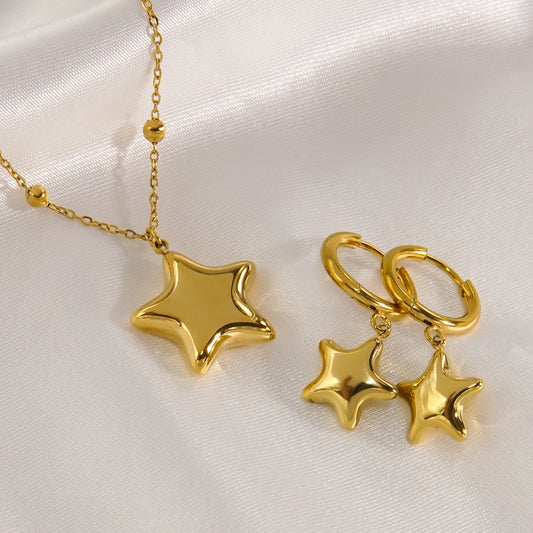 Puffy Star Pendant Necklace and Earrings Set