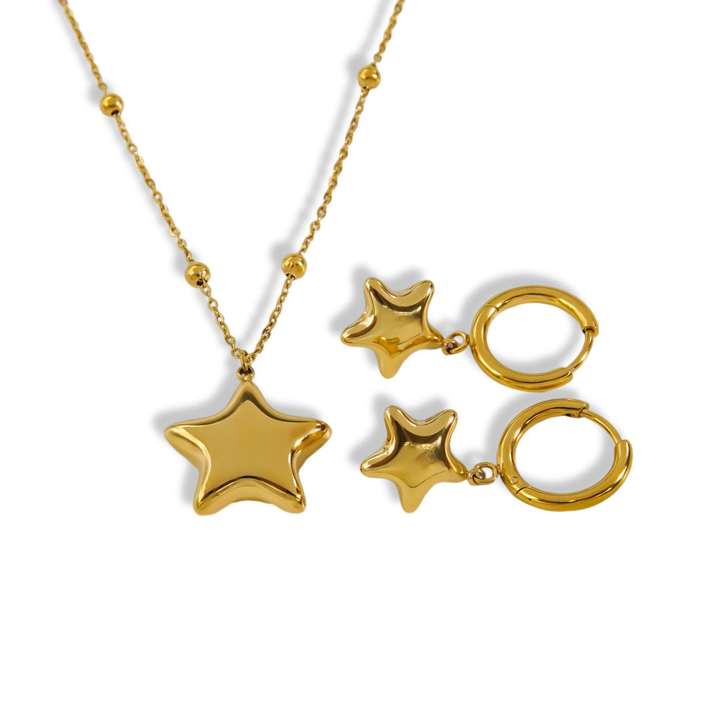 Puffy Star Pendant Necklace and Earrings Set